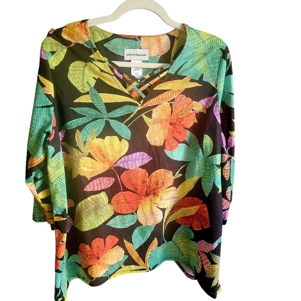 Alfred Dunner Tropical Long Sleeve Vneck Tshirt Size L